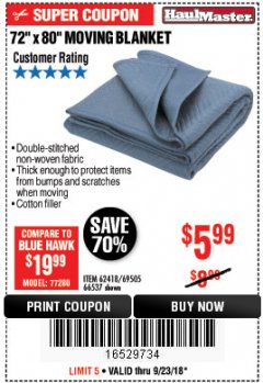 Harbor Freight Coupon 72" X 80" MOVING BLANKET Lot No. 66537/69505/62418 Expired: 9/23/18 - $5.99