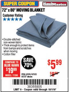 Harbor Freight Coupon 72" X 80" MOVING BLANKET Lot No. 66537/69505/62418 Expired: 10/1/18 - $5.99