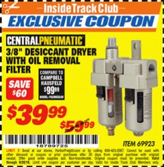 Harbor Freight ITC Coupon 3/8" DESICCANT DRYER WITH OIL REMOVAL FILTER Lot No. 69923 Expired: 9/30/18 - $39.99