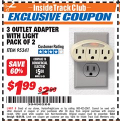 Harbor Freight ITC Coupon 3 OUTLET ADAPTER WITH LIGHT PACK OF 2 Lot No. 62346/95341 Expired: 10/31/18 - $1.99