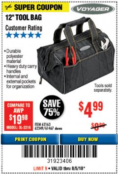 Harbor Freight Coupon 12" TOOL BAG Lot No. 61467/62163/62349 Expired: 8/5/18 - $4.99