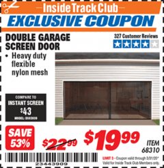 Harbor Freight ITC Coupon DOUBLE GARAGE DOOR SCREEN Lot No. 68310 Expired: 3/31/20 - $19.99