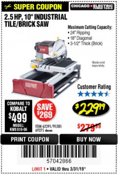 Harbor Freight Coupon 2.5 HP, 10" TILE/BRICK SAW Lot No. 69275/62391/95385 Expired: 3/31/19 - $229.99