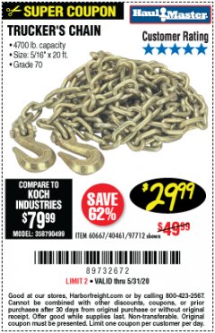 Harbor Freight Coupon 5/16" x 20 FT. GRADE 70 TRUCKER'S CHAIN Lot No. 60667/97712 Expired: 6/30/20 - $29.99