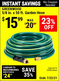 Harbor Freight Coupon 5/8" x 50 FT. HEAVY DUTY GARDEN HOSE Lot No. 63779/63338 Expired: 7/22/21 - $15.99