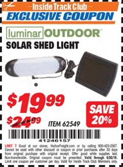 Harbor Freight ITC Coupon SOLAR SHED LIGHT Lot No. 62549/95573 Expired: 6/30/18 - $19.99