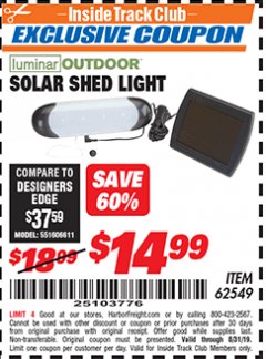 Harbor Freight ITC Coupon SOLAR SHED LIGHT Lot No. 62549/95573 Expired: 8/31/19 - $14.99