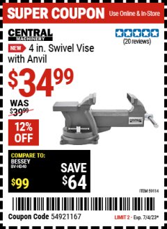 Harbor Freight Coupon 4" SWIVEL VISE WITH ANVIL Lot No. 61553/67035 Expired: 7/4/23 - $34.99
