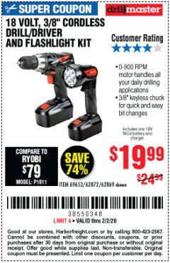 Harbor Freight Coupon 18 VOLT CORDLESS 3/8" DRILL/DRIVER AND FLASHLIGHT KIT Lot No. 68287/69652/62869/62872 Expired: 2/2/20 - $19.99