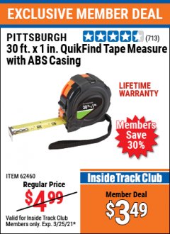 Harbor Freight ITC Coupon 1" x 30 FT. QUICKFIND TAPE MEASURE WITH ABS CASING Lot No. 62460/69081 Expired: 3/25/21 - $3.49