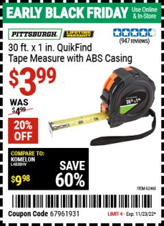 Harbor Freight Coupon 1" x 30 FT. QUICKFIND TAPE MEASURE WITH ABS CASING Lot No. 62460/69081 Expired: 11/23/22 - $3.99