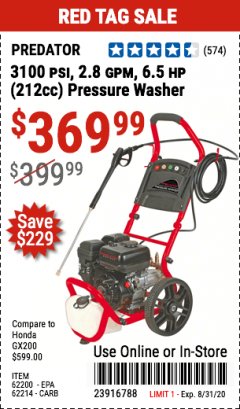 Harbor Freight Coupon 3100 PSI, 2.8 GPM 6.5 HP (212 CC) GAS POWERED PRESSURE WASHERS WITH 25 FT. HOSE Lot No. 62200/62214 Expired: 8/31/20 - $369.99