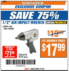 Harbor Freight ITC Coupon 1/2" AIR IMPACT WRENCH Lot No. 60382/61718/95310 Expired: 7/17/18 - $17.99