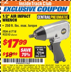 Harbor Freight ITC Coupon 1/2" AIR IMPACT WRENCH Lot No. 60382/61718/95310 Expired: 10/31/18 - $17.99