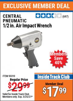 Harbor Freight ITC Coupon 1/2" AIR IMPACT WRENCH Lot No. 60382/61718/95310 Expired: 3/25/21 - $17.99