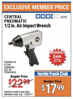 Harbor Freight ITC Coupon 1/2" AIR IMPACT WRENCH Lot No. 60382/61718/95310 Expired: 1/28/21 - $17.99