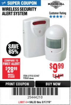 Harbor Freight Coupon WIRELESS SECURITY ALERT SYSTEM Lot No. 61910 / 62447 / 90368 Expired: 3/17/19 - $9.99