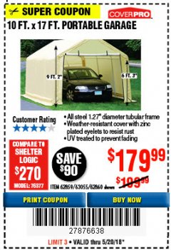 Harbor Freight Coupon COVERPRO 10 FT. X 17 FT. PORTABLE GARAGE Lot No. 62859, 63055, 62860 Expired: 5/20/18 - $179.99