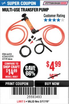 Harbor Freight Coupon MULTI-USE TRANSFER PUMP Lot No. 63144/63591/61364/62961/66418 Expired: 3/17/19 - $4.99