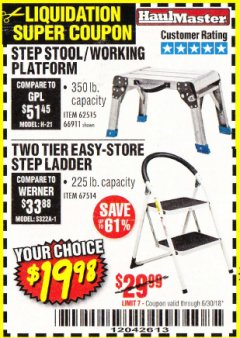 Harbor Freight Coupon TWO TIER EASY-STORE STEP LADDER Lot No. 67514 Expired: 6/30/18 - $19.98