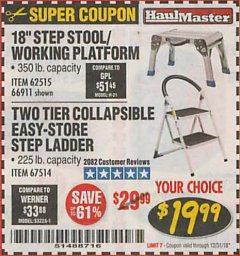 Harbor Freight Coupon TWO TIER EASY-STORE STEP LADDER Lot No. 67514 Expired: 12/31/18 - $19.99