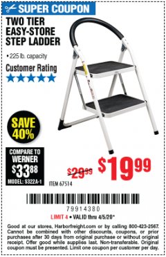 Harbor Freight Coupon TWO TIER EASY-STORE STEP LADDER Lot No. 67514 Expired: 6/30/20 - $19.99