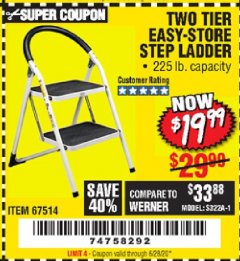 Harbor Freight Coupon TWO TIER EASY-STORE STEP LADDER Lot No. 67514 Expired: 6/28/20 - $19.99