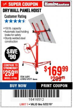 Harbor Freight Coupon 150 LB. CAPACITY DRYWALL/PANEL HOIST Lot No. 62484/69377 Expired: 9/22/19 - $169.99