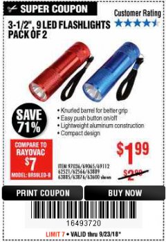 Harbor Freight Coupon 3.5", 9 LED FLASHLIGHTS PACK OF 2 Lot No. 69065/69112/62521/62566/97036 Expired: 9/23/18 - $1.99