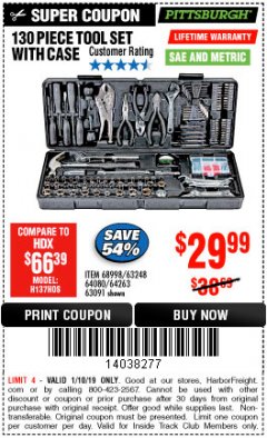 Harbor Freight ITC Coupon 130 PIECE TOOL KIT WITH CASE Lot No. 64263/68998/63091/63248/64080 Expired: 1/10/19 - $29.99