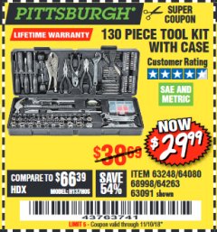 Harbor Freight Coupon 130 PIECE TOOL KIT WITH CASE Lot No. 64263/68998/63091/63248/64080 Expired: 11/10/18 - $29.99
