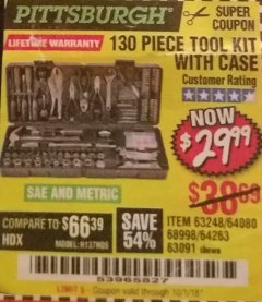 Harbor Freight Coupon 130 PIECE TOOL KIT WITH CASE Lot No. 64263/68998/63091/63248/64080 Expired: 10/1/18 - $29.99