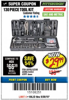 Harbor Freight Coupon 130 PIECE TOOL KIT WITH CASE Lot No. 64263/68998/63091/63248/64080 Expired: 9/30/18 - $29.99