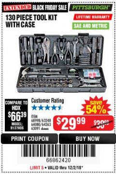 Harbor Freight Coupon 130 PIECE TOOL KIT WITH CASE Lot No. 64263/68998/63091/63248/64080 Expired: 12/2/18 - $29.99