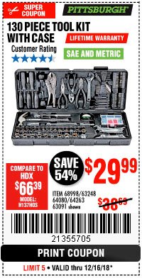 Harbor Freight Coupon 130 PIECE TOOL KIT WITH CASE Lot No. 64263/68998/63091/63248/64080 Expired: 12/16/18 - $29.99