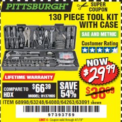 Harbor Freight Coupon 130 PIECE TOOL KIT WITH CASE Lot No. 64263/68998/63091/63248/64080 Expired: 4/1/19 - $29.99