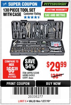 Harbor Freight Coupon 130 PIECE TOOL KIT WITH CASE Lot No. 64263/68998/63091/63248/64080 Expired: 1/27/19 - $29.99