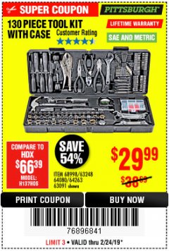 Harbor Freight Coupon 130 PIECE TOOL KIT WITH CASE Lot No. 64263/68998/63091/63248/64080 Expired: 2/24/19 - $29.99