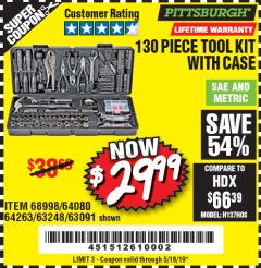Harbor Freight Coupon 130 PIECE TOOL KIT WITH CASE Lot No. 64263/68998/63091/63248/64080 Expired: 5/18/19 - $29.99