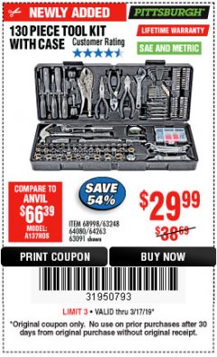 Harbor Freight Coupon 130 PIECE TOOL KIT WITH CASE Lot No. 64263/68998/63091/63248/64080 Expired: 3/17/19 - $29.99