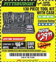 Harbor Freight Coupon 130 PIECE TOOL KIT WITH CASE Lot No. 64263/68998/63091/63248/64080 Expired: 8/5/19 - $29.99