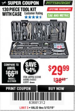 Harbor Freight Coupon 130 PIECE TOOL KIT WITH CASE Lot No. 64263/68998/63091/63248/64080 Expired: 5/12/19 - $29.99