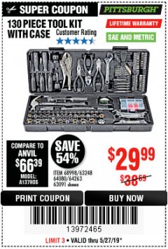 Harbor Freight Coupon 130 PIECE TOOL KIT WITH CASE Lot No. 64263/68998/63091/63248/64080 Expired: 5/27/19 - $29.99