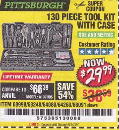 Harbor Freight Coupon 130 PIECE TOOL KIT WITH CASE Lot No. 64263/68998/63091/63248/64080 Expired: 9/14/19 - $29.99