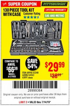 Harbor Freight Coupon 130 PIECE TOOL KIT WITH CASE Lot No. 64263/68998/63091/63248/64080 Expired: 7/14/19 - $29.99