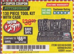 Harbor Freight Coupon 130 PIECE TOOL KIT WITH CASE Lot No. 64263/68998/63091/63248/64080 Expired: 11/14/19 - $29.99