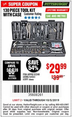 Harbor Freight Coupon 130 PIECE TOOL KIT WITH CASE Lot No. 64263/68998/63091/63248/64080 Expired: 10/5/19 - $29.99