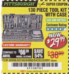 Harbor Freight Coupon 130 PIECE TOOL KIT WITH CASE Lot No. 64263/68998/63091/63248/64080 Expired: 11/15/19 - $29.99