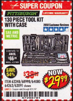 Harbor Freight Coupon 130 PIECE TOOL KIT WITH CASE Lot No. 64263/68998/63091/63248/64080 Expired: 8/31/19 - $29.99