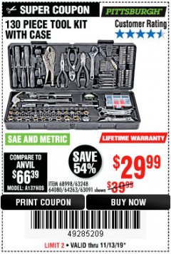 Harbor Freight Coupon 130 PIECE TOOL KIT WITH CASE Lot No. 64263/68998/63091/63248/64080 Expired: 11/13/19 - $29.99